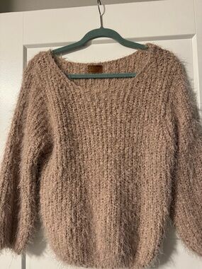 POL Women's Fuzzy Scoop Neck Sweater in Taupe